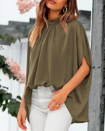 Vista 76 de BTFBM Blusas de verano para mujer, cuello alto falso, manga murciélago, holgadas, dobladillo alto y bajo, blusas informales de gran
