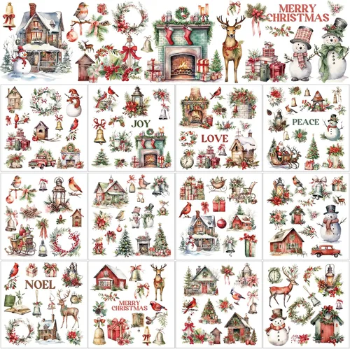 Vista 9 de BBTO 12 hojas de transferencia de Navidad para manualidades y muebles, calcomanías de transferencia de Navidad, calcomanías de invierno para madera