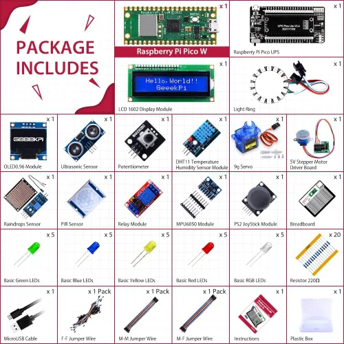 Vista 3 de GeeekPi Kit definitivo para Raspberry Pi Pico W con encabezados, tutoriales detallados, ejemplos de proyectos, varios elementos para programación