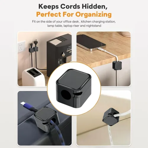 Vista 5 de Paquete de 6 soportes magnéticos para cables negros, clips adhesivos para cable de escritorio y automóvil, organizador de cables para mesita