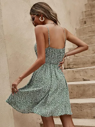 Vista 4 de SweatyRocks Vestido de tirantes delgados con estampado floral bohemio para mujer, vestido corto casual acampanado