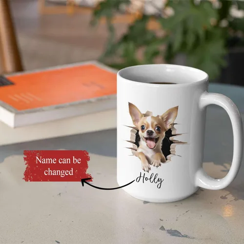 Vista 2 de Tazas de café con nombre personalizado único y emocionado Chihuahua rompió la pared, tazas de café personalizadas para perros, regalo para niños