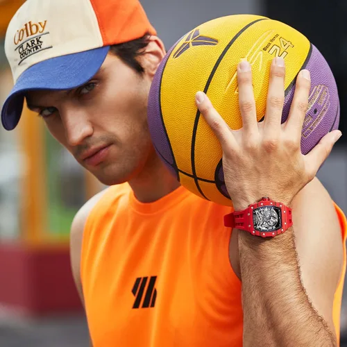 Vista 6 de Reloj para hombre, reloj mecánico automático de esqueleto para hombre, 164.0 ft, impermeable, de lujo, Tonneau, cuadrado, esfera grande, con correa