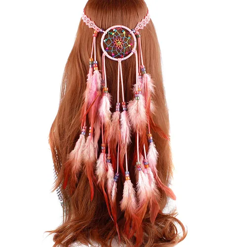 Vista 4 de Fodattm Diadema bohemia hecha a mano con plumas atrapasueños tocado tocado hippie estilo indio diadema tocado (azul)
