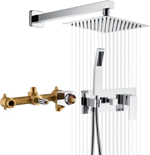 Vista 9 de SUMERAIN Sistema de ducha de lluvia de níquel cepillado con ducha de mano, sistema de cabezal de ducha de equilibrio de presión con válvula áspera