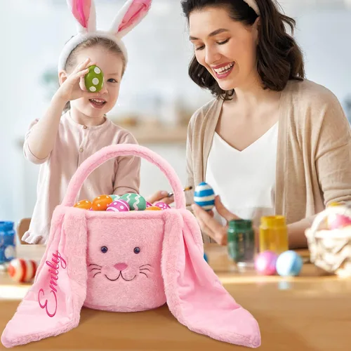 Vista 6 de Cesta de Pascua de felpa con nombre personalizado para niños, cesta de Pascua de conejo peludo con orejas largas para niños y niñas, cesta de caza
