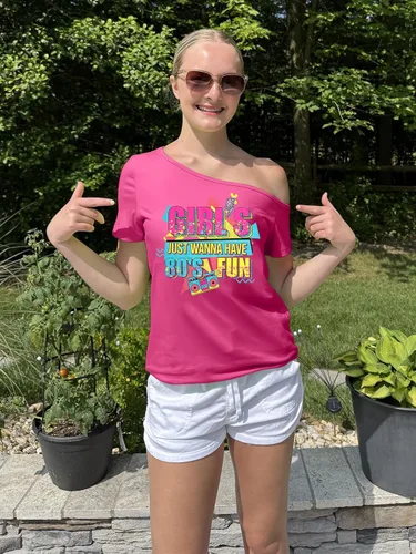 Vista 4 de Traje de los años 90 y 80 para mujer, camiseta de discoteca de fiesta temática de los años 80, tops con hombros descubiertos, parte superior vintage