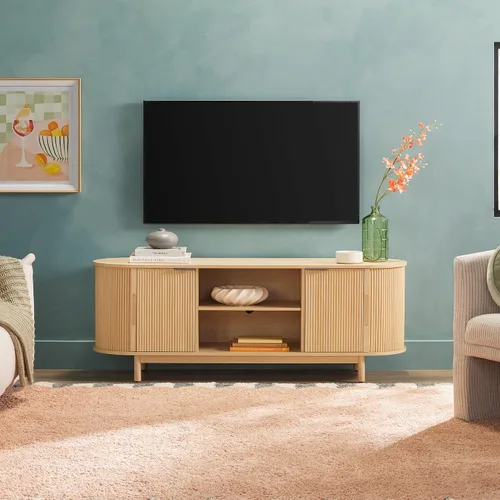 Vista 10 de Walker Edison Chloe - Soporte de TV curvo con junco, puertas correderas, 75 pulgadas, 70 pulgadas, roble costero