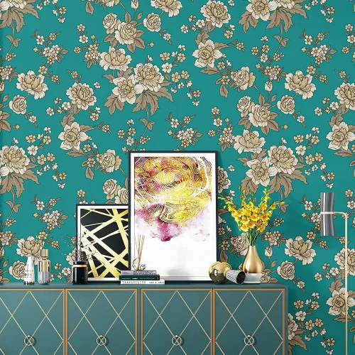 Vista 8 de J9175 - Papel tapiz floral para despegar y pegar de 17.7 pulgadas x 9.8 pies, color rojo/caqui, papel de contacto autoadhesivo extraíble