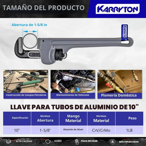 Vista 2 de Llave de tubo de aluminio de 10 pulgadas, 1-5/8"/41mm de abertura de mordaza Cr-Mo ajustable, llaves de fontanería de mango recto resistente
