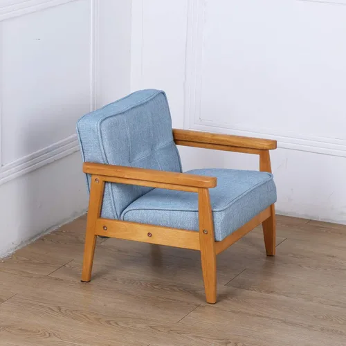 Vista 9 de BabyLand Sillón para niños, sofá individual para niños con estructura de madera maciza y tela de lino para regalo de niños (azul claro)
