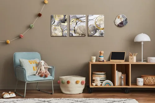 Vista 5 de Arte abstracto dorado para pared, 3 piezas, arte moderno enmarcado en blanco y negro, gris, oro, tinta fluida, anillos anuales, imágenes, lienzo