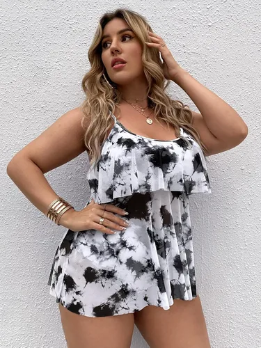 Vista 3 de WDIRARA Traje de baño monokini de una pieza con volantes de teñido anudado para mujer
