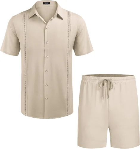 Vista 4 de COOFANDY Conjunto de 2 piezas de lino para hombre camisa con botones y pantalones cortos