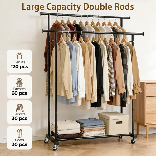Vista 3 de Perchero de doble barra para colgar ropa, portátil, con ruedas, perchero de metal resistente con estantes dobles para dormitorio, lavandería, sala