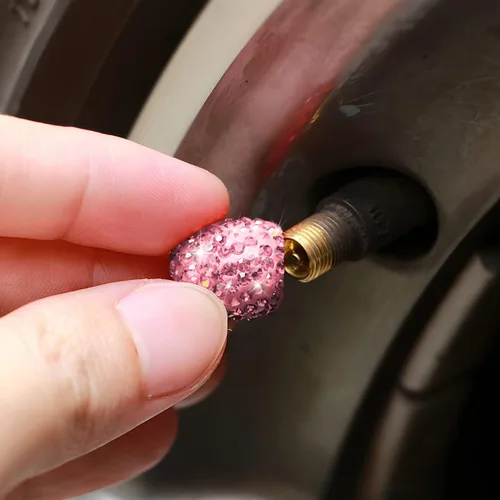 Vista 4 de AUCELI 4 tapones para válvulas de neumáticos de automóvil, diamantes de imitación de cristal, a prueba de polvo, cubierta de válvula de bicicleta