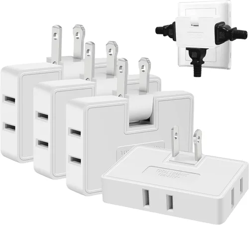 Vista 8 de Adaptador extensor de salida de pared de 3 vías plano - Paquete de 2 Adaptador de enchufe plano giratorio de 180 grados AC, extensor de salida