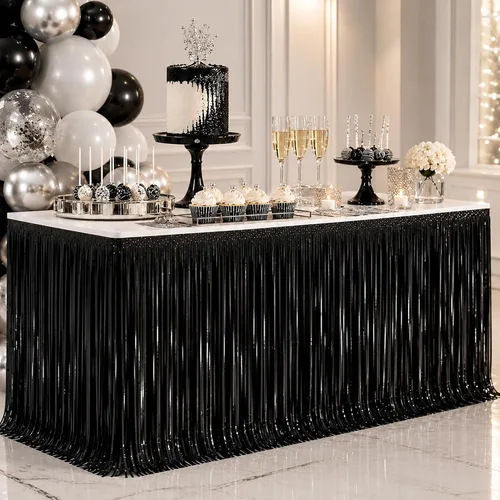 Vista 17 de Faldas de mesa de oropel de papel metálico con flecos para mesas rectangulares, cortinas de serpentina, telón de fondo para cumpleaños, boda