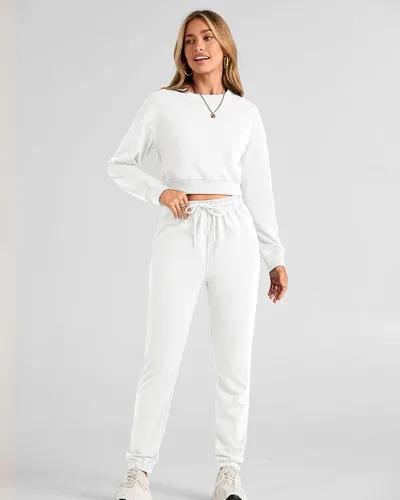 Vista 76 de BTFBM Conjunto deportivo de 2 piezas para mujer, camiseta corta de manga larga, sin botones, pantalón con cordón ajustable, pantalones deportivos