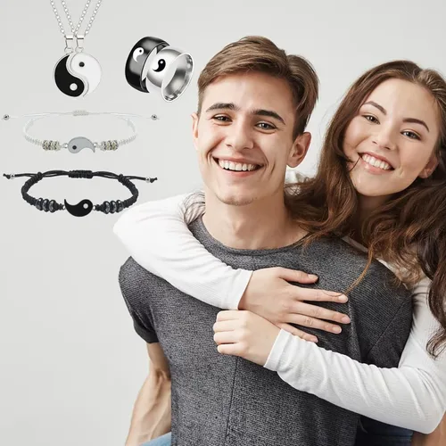 Vista 2 de Peutlhomy Juego de 6 piezas de collar Yin Yang a juego para mujer, collares Yin y Yang, pulseras Yin Yang Tai Chi anillo para amistad, novio, novia