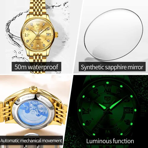 Vista 4 de OLEVS Reloj automático para mujer, de lujo, con cuerda automática, de diamante, de acero inoxidable, de fase lunar, impermeable, esfera azul luminosa
