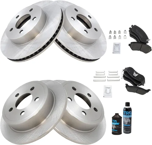 Vista 2 de TRQ Kit de pastillas de freno delanteras y traseras y rotores Kit de productos químicos de freno, pastillas de freno de cerámica compatible con Jeep