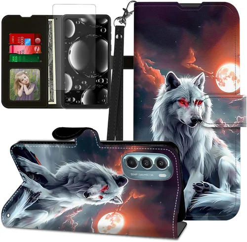 Vista 206 de Funda para Motorola Edge 2022 con protector de pantalla, soporte y tarjetero y correa para la muñeca, funda magnética para Moto Edge 2022 5G UW Lobo