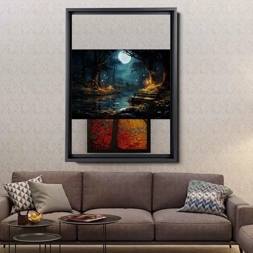 Vista 4 de Snow covered park at midnight with a full moon, watercolor nature art, framed canvas print, framed wall art