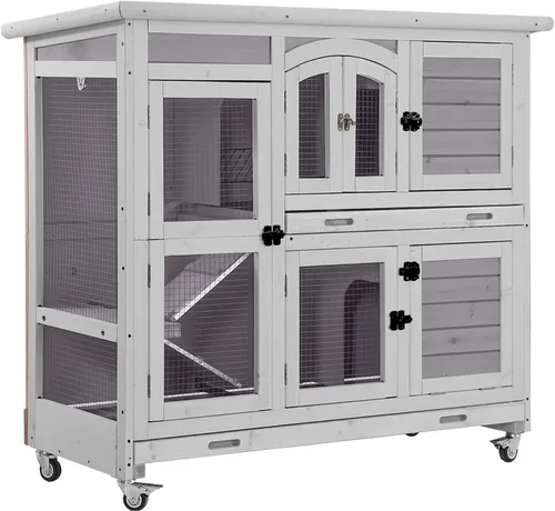 Vista 11 de Aivituvin Rabbit Hutch - Jaula de conejito para interiores y exteriores, 2 pisos, casa de mascotas, jaula de conejillo de indias con ruedas, 36