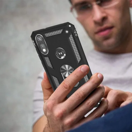 Vista 5 de Funda para Moto E Phone Case, Moto E con protector de pantalla HD, fundas protectoras de grado militar con anillo para Moto E 2020 (negro)