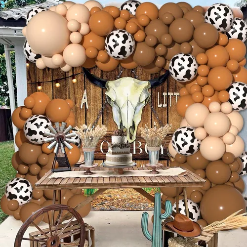 Vista 7 de JOGAMS Kit de guirnalda de arco de globos de vaca con 163 globos con estampado de vaca marrón desnudo para granja, vaquera occidental, temática