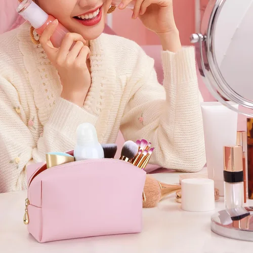 Vista 2 de HAOGUAGUA Bolsa de maquillaje para mujer, organizador impermeable de viaje, organizador de cosméticos para mujeres, tamaño mediano (rosa)
