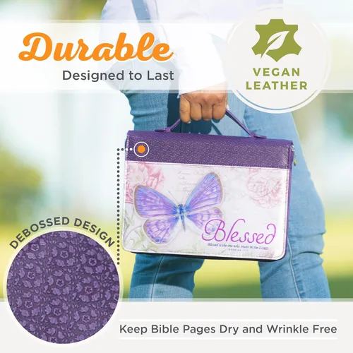 Vista 3 de Funda para Biblia con texto en inglés "Blessed", Jeremiah 17:7, con mariposa, color morado