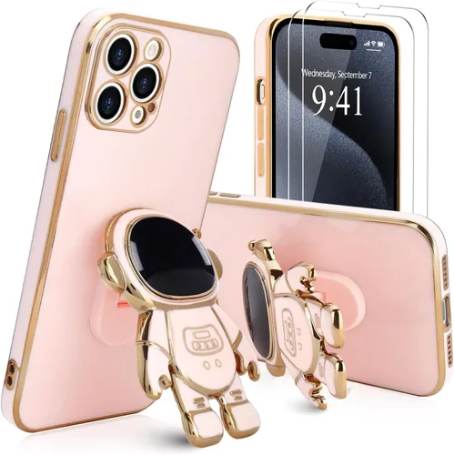 Vista 16 de Pepmune - Funda para iPhone 15 con soporte de astronauta 3D, color negro [2 Screen Protector], Luxury Electroplated Soft TPU Cover with Kickstand
