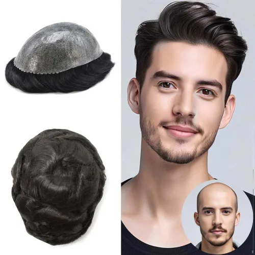 Vista 397 de Toupee para hombre 100% cabello humano real tupé para hombres 0.004 in piel de poliuretano para hombre, sistema de reemplazo de piezas de pelo