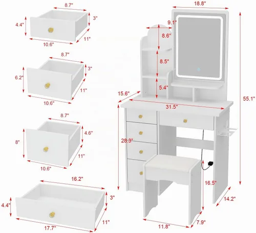 Vista 7 de FUFU&GAGA Juego de tocador con espejo rectangular, tocador de maquillaje con 5 cajones, estantes, tomacorriente eléctrica y soporte para secador