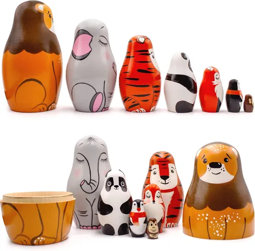 Vista 2 de AEVVV Matryoshka original ruso Set 7 piezas - Lindas muñecas de anidación de animales salvajes