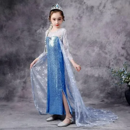 Vista 4 de Disfraz de Elsa Frozen, vestido de lentejuelas, capa de copo de nieve, accesorios incluidos