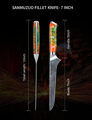 Vista 4 de Cuchillo de filete de 7 pulgadas, VG10 Damasco cuchillo para deshuesar peces con mango de resina - Serie Xuan (naranja fantasía)