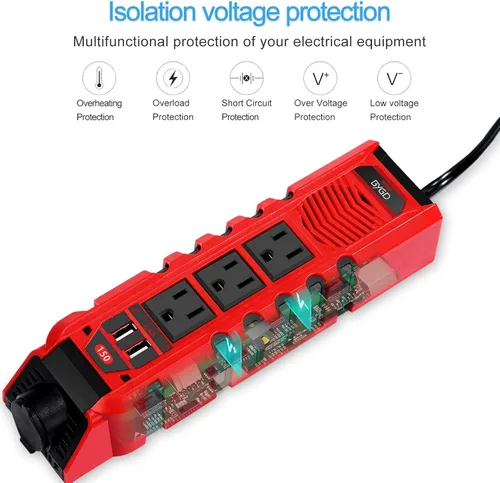 Vista 4 de Inversor de corriente para automóvil de 150 W, convertidor de CC de 12 V a 110 V CA con 3 salidas de CA, 2 cargadores rápidos, 4.8 A, puertos USB