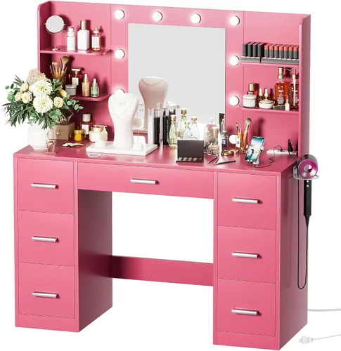 Vista 7 de VICTONE Escritorio de tocador con espejo iluminado LED y toma de corriente, 3 modelos de luces, mesa de tocador de maquillaje con 7 cajones y 6