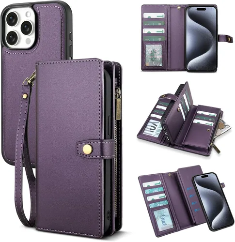 Vista 17 de TwoHead Funda tipo cartera para iPhone 12 Pro Max con tarjetero, funda magnética desmontable para teléfono 12 Pro Max, piel sintética, a prueba