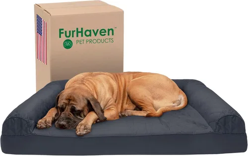 Vista 20 de Furhaven Sofá cama ortopédico para perro, sofá de espuma viscoelástica con refuerzos, felpa texturizada y funda resistente al agua, funda lavable