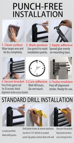 Vista 6 de Toalleros giratorios para baño/cocina, montado en la pared, sin taladro, toallero resistente con barra múltiple, barra de toalla de acero inoxidable