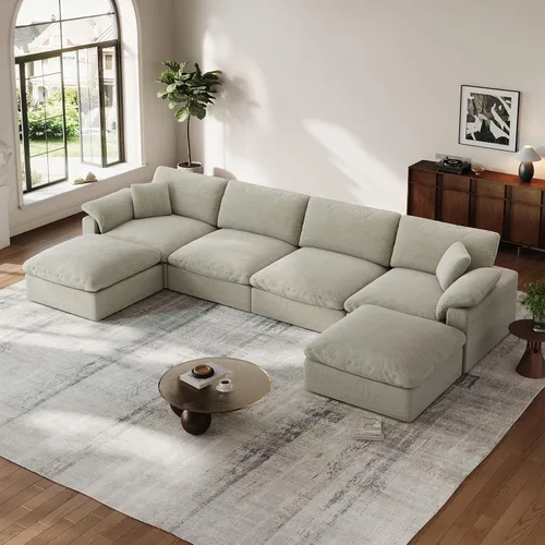 Vista 12 de Sofá modular Cloud para sala de estar, sofás de mezcla de lino en forma de L, modernos sofás de nube de asiento profundo, sofás seccionales Beige