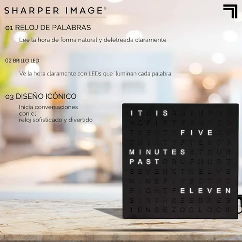 Vista 4 de Sharper Image Reloj Digital de Palabras LED, 7.75", Acabado Negro, Reloj de Escritorio y Pared Iluminado, Pantalla de Tiempo Moderna, Estante