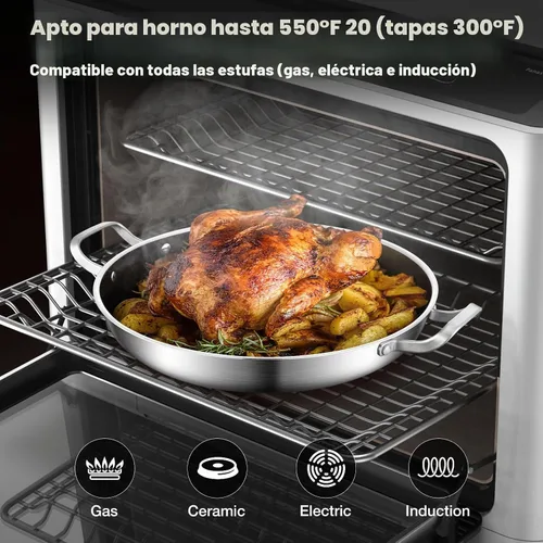 Vista 5 de Yeksum - Sartén de acero inoxidable de tres capas para paella, sartén grande con tapa (acero inoxidable híbrido, 12 pulgadas)