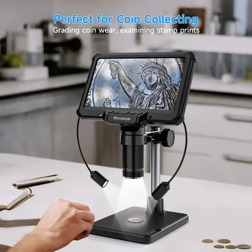 Vista 12 de Leanking Microscopio digital para adultos y niños, microscopios de lupa de monedas de pantalla de 7 pulgadas para monedas de error, PCB, errores
