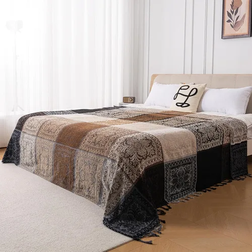 Vista 7 de Manta Boho, Manta de Chenilla Jacquard con Borlas para Cama Sofá Silla Suave, Borlas con Flecos Bohemias (Negro, S:60x75)