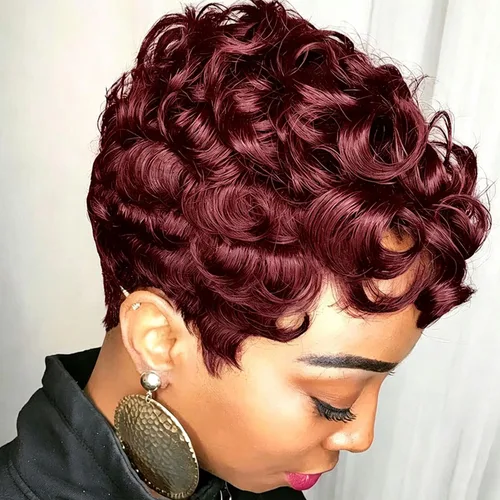 Vista 9 de MOONSHOW - Pelucas cortas de corte Pixie para mujeres negras, peluca de corte Pixie marrón Short Pixie Wigs for Black Women Natural Layered Short